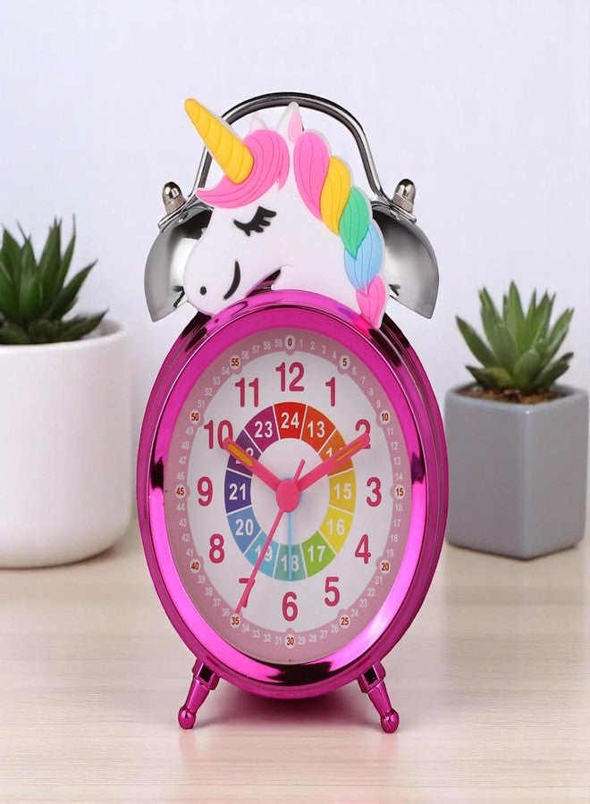 De'rons Twin Bell Analog Table Alarm Clock with Backlight for Heavy Sleepers Alarm Clock for Students Funny Cute Cartoon Unicorn Shape Alarm Clock for Girls Kids Boys Bedroom 12 x 8 cm (Pink) - Image 1
